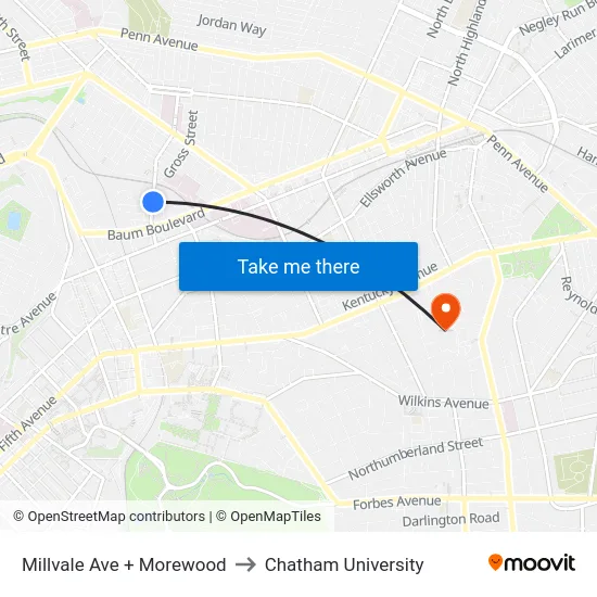 Millvale Ave + Morewood to Chatham University map