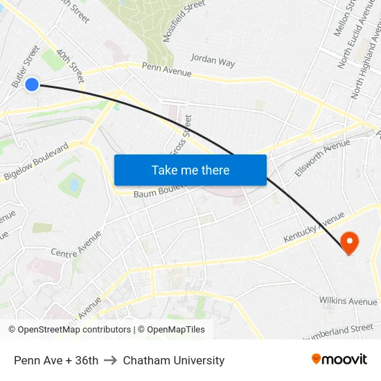Penn Ave + 36th to Chatham University map