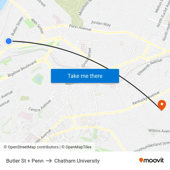 Butler St + Penn to Chatham University map