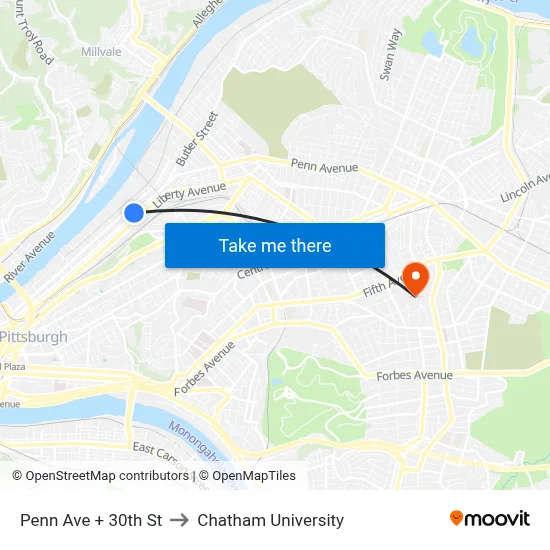 Penn Ave + 30th St to Chatham University map