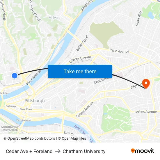 Cedar Ave + Foreland to Chatham University map