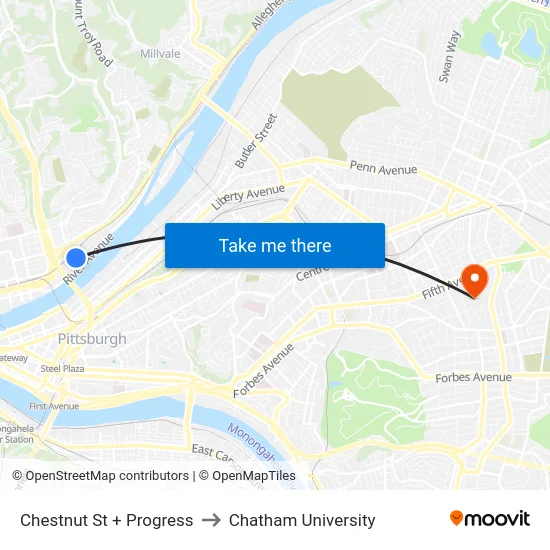 Chestnut St + Progress to Chatham University map