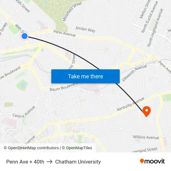 Penn Ave + 40th to Chatham University map