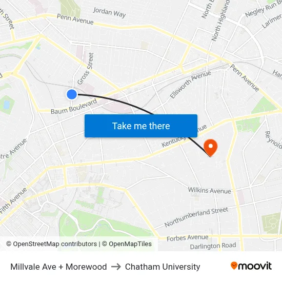 Millvale Ave + Morewood to Chatham University map