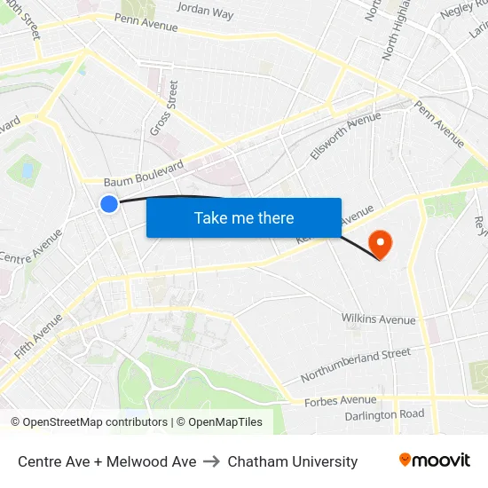 Centre Ave + Melwood Ave to Chatham University map