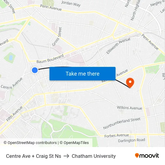 Centre Ave + Craig St Ns to Chatham University map