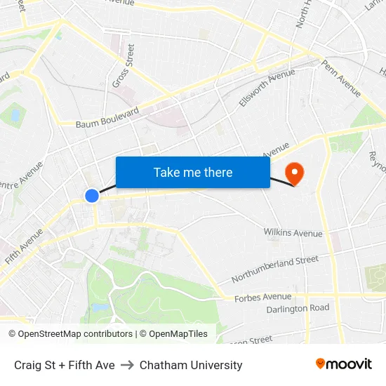 Craig St + Fifth Ave to Chatham University map