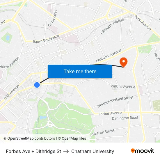 Forbes Ave + Dithridge St to Chatham University map
