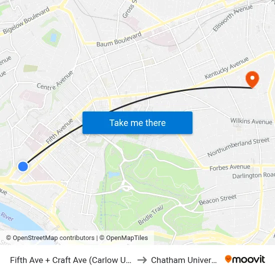 Fifth Ave + Craft Ave (Carlow Univ) to Chatham University map