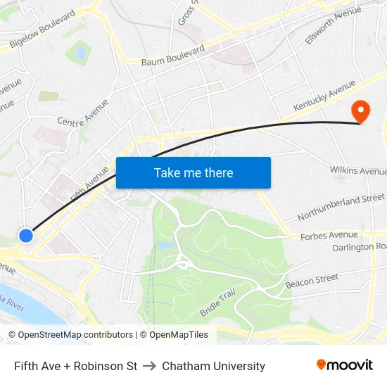 Fifth Ave + Robinson St to Chatham University map
