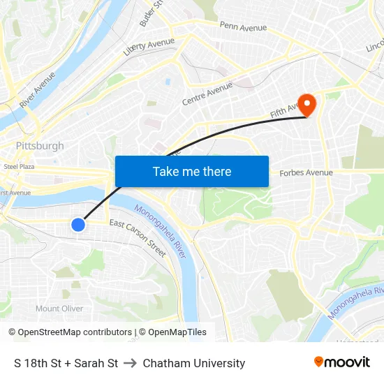 S 18th St + Sarah St to Chatham University map
