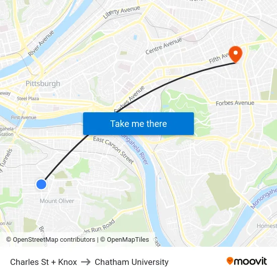 Charles St + Knox to Chatham University map