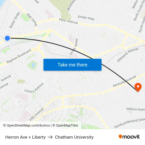 Herron Ave + Liberty to Chatham University map