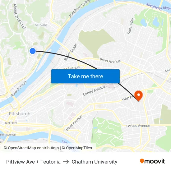 Pittview Ave + Teutonia to Chatham University map
