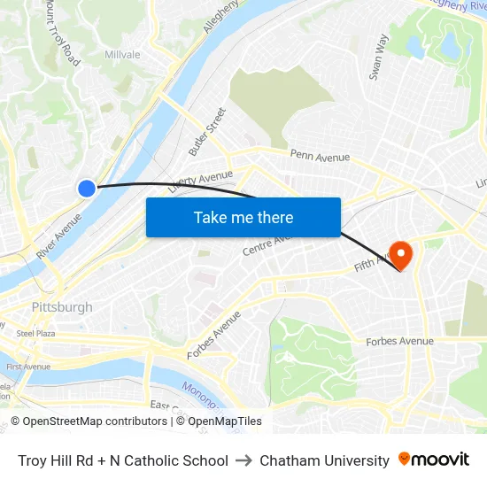 Troy Hill Rd + N Catholic School to Chatham University map