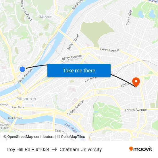 Troy Hill Rd + #1034 to Chatham University map