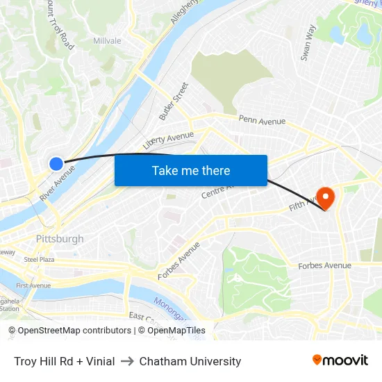 Troy Hill Rd + Vinial to Chatham University map