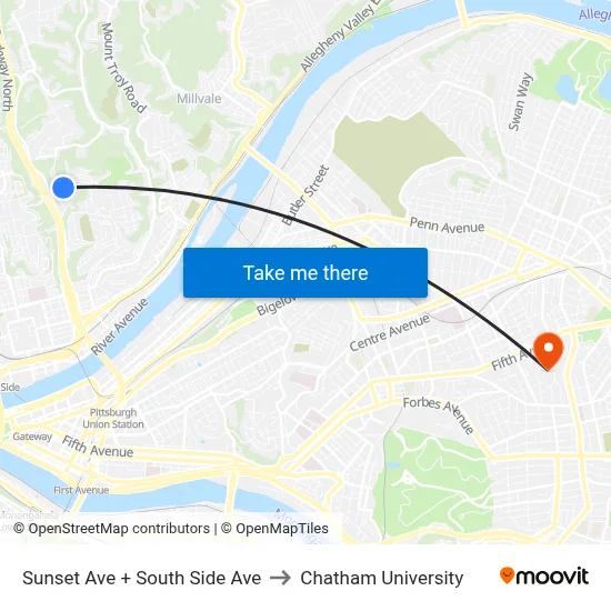 Sunset Ave + South Side Ave to Chatham University map