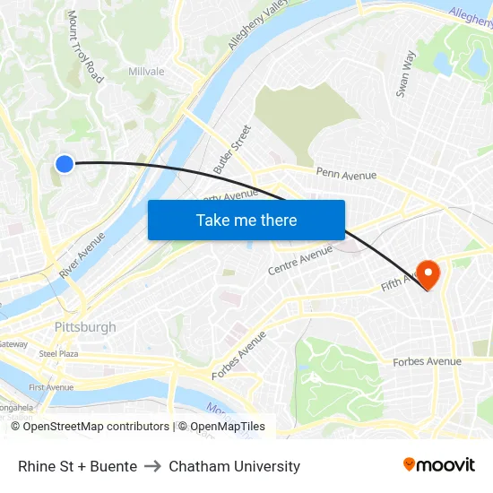 Rhine St + Buente to Chatham University map