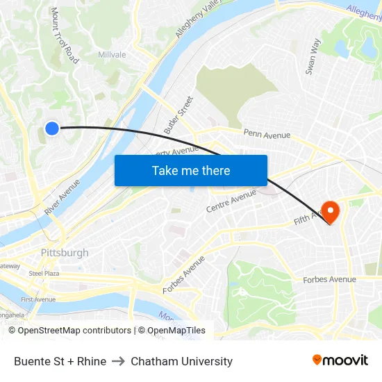 Buente St + Rhine to Chatham University map