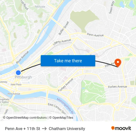 Penn Ave + 11th St to Chatham University map