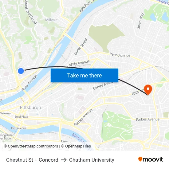 Chestnut St + Concord to Chatham University map