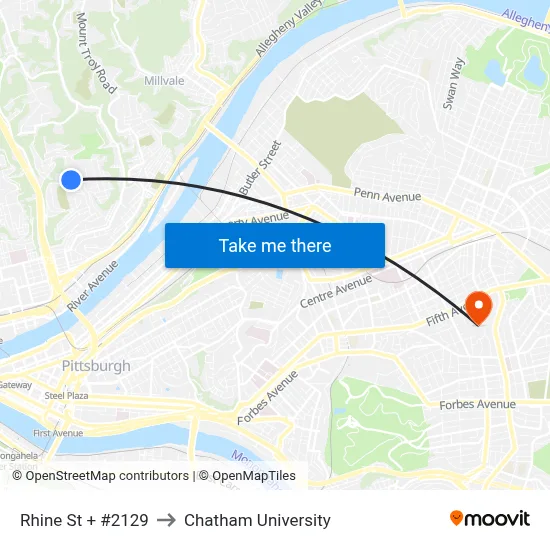 Rhine St + #2129 to Chatham University map