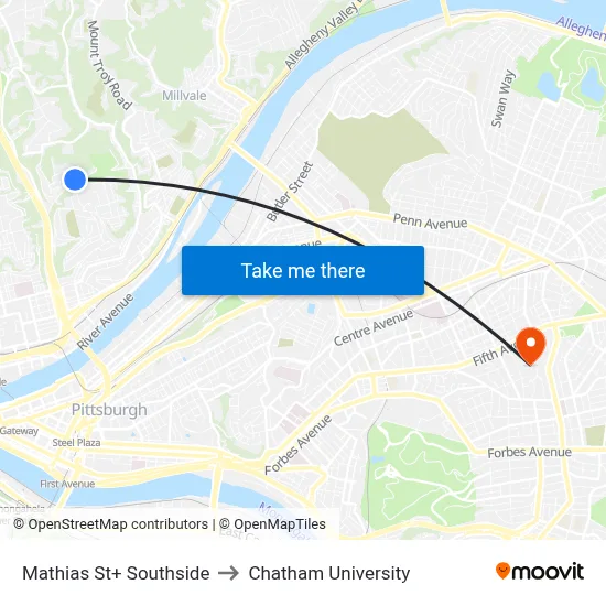 Mathias St+ Southside to Chatham University map