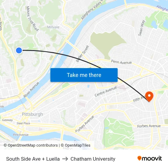 South Side Ave + Luella to Chatham University map