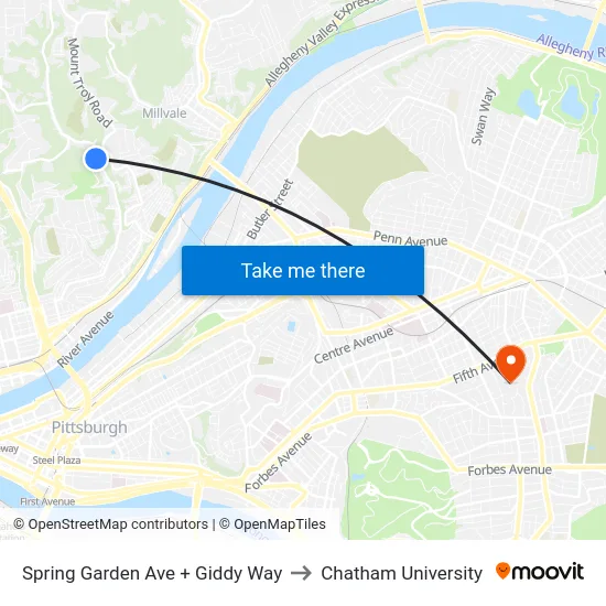 Spring Garden Ave + Giddy Way to Chatham University map