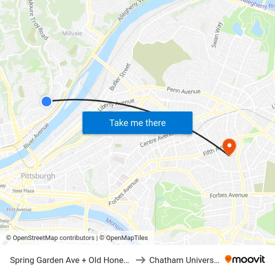 Spring Garden Ave + Old Honesty to Chatham University map