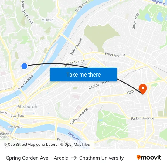Spring Garden Ave + Arcola to Chatham University map