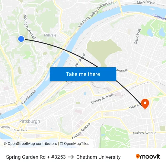 Spring Garden Rd + #3253 to Chatham University map