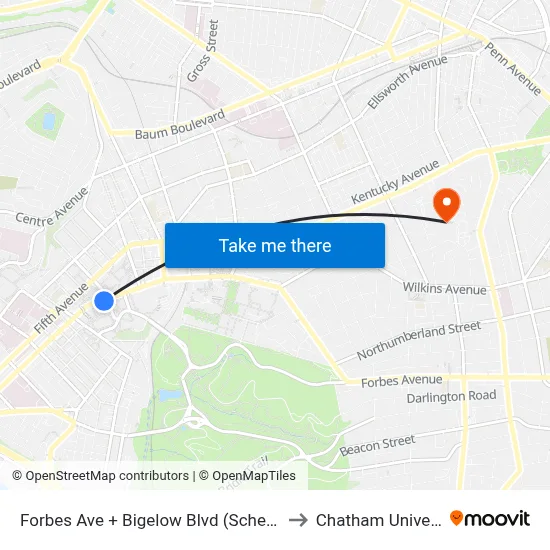 Forbes Ave + Bigelow Blvd (Schenley Dr) to Chatham University map