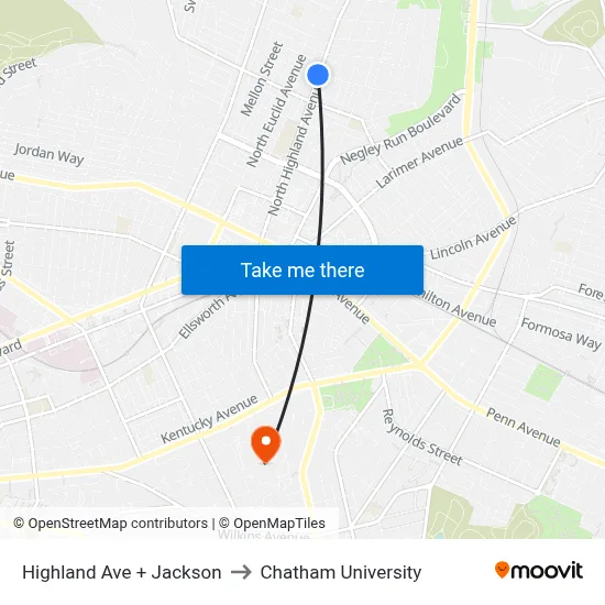 Highland Ave + Jackson to Chatham University map