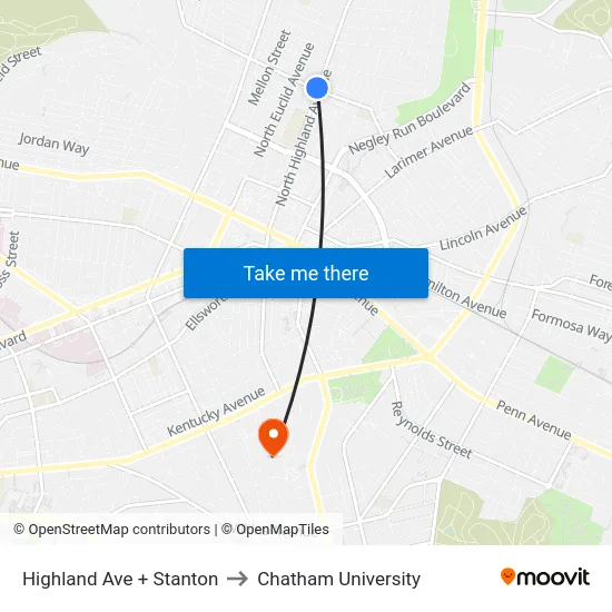 Highland Ave + Stanton to Chatham University map