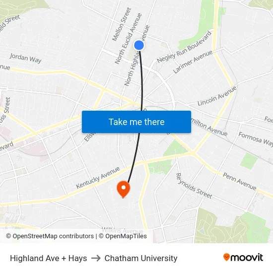 Highland Ave + Hays to Chatham University map