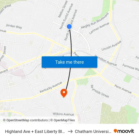 Highland Ave + East Liberty Blvd to Chatham University map