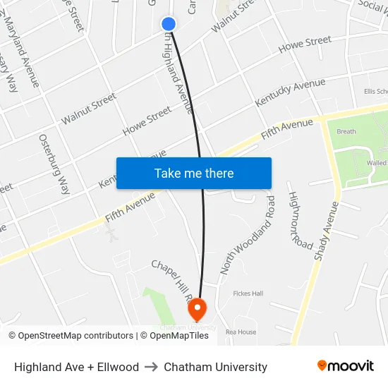 Highland Ave + Ellwood to Chatham University map