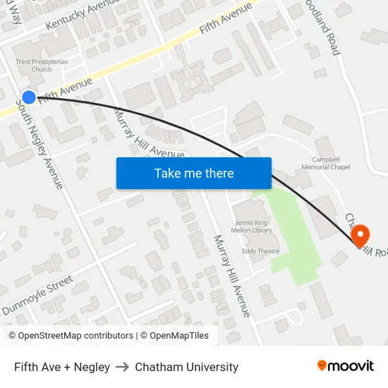 Fifth Ave + Negley to Chatham University map