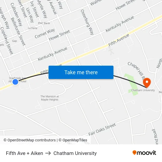 Fifth Ave + Aiken to Chatham University map