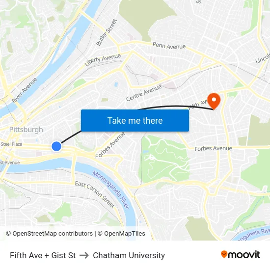 Fifth Ave + Gist St to Chatham University map