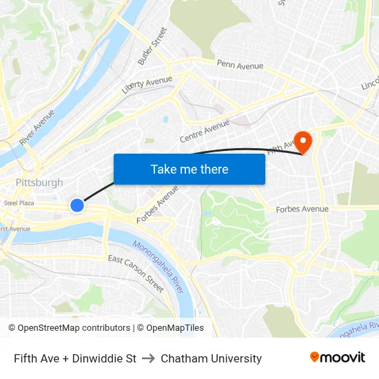 Fifth Ave + Dinwiddie St to Chatham University map