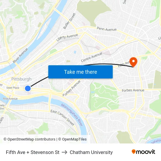 Fifth Ave + Stevenson St to Chatham University map
