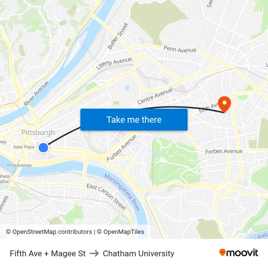 Fifth Ave + Magee St to Chatham University map