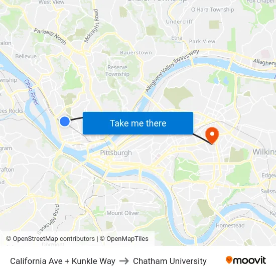 California Ave + Kunkle Way to Chatham University map