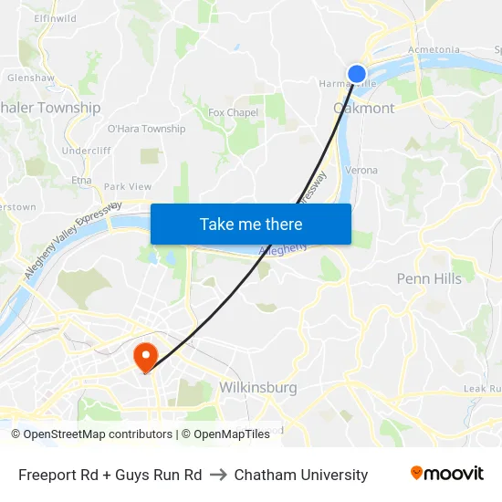 Freeport Rd + Guys Run Rd to Chatham University map