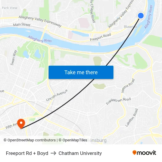 Freeport Rd + Boyd to Chatham University map