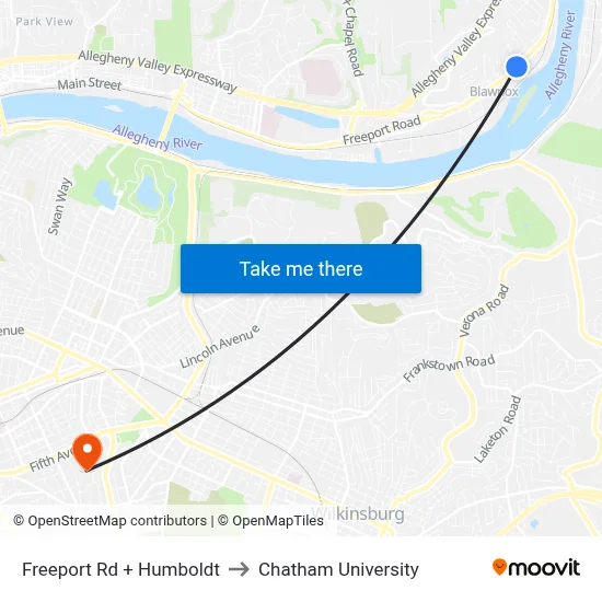 Freeport Rd + Humboldt to Chatham University map