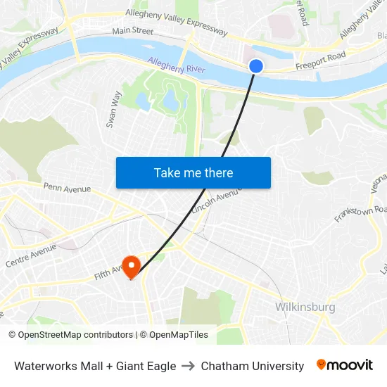 Waterworks Mall + Giant Eagle to Chatham University map
